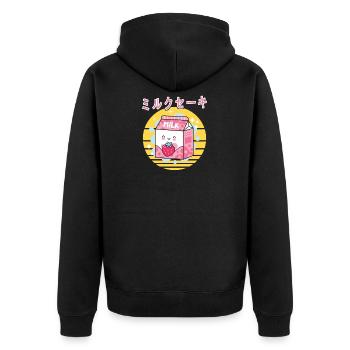 Retro Japanese Milkshake Cartoon Strawberry Milk - Unisex Premium Bio Zip Hoodie - Schwarz - Hinten - Nico (187cm)