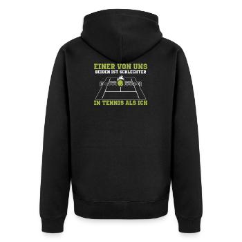 Witziger Tennis Spruch | Spieler Trainer Geschenke - Unisex Premium Bio Zip Hoodie - Schwarz - Hinten - Nico (187cm)