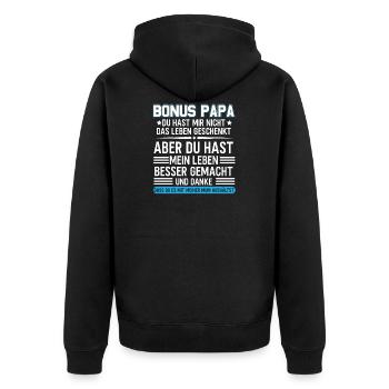 Bonus Papa Stiefvater Geschenk Pflegevater - Unisex Premium Bio Zip Hoodie - Schwarz - Hinten - Nico (187cm)