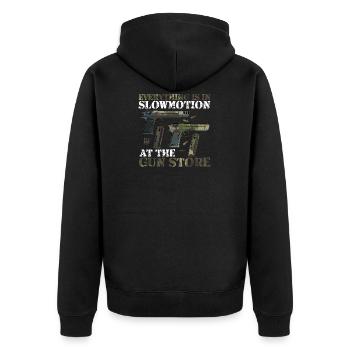 Romantic Walks The Gun Store For Gun Or Ammo Lover - Unisex Premium Bio Zip Hoodie - Schwarz - Hinten - Nico (187cm)