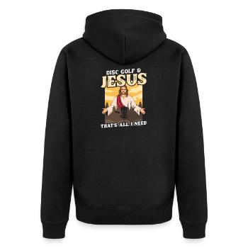 Discgolf Design für einen Discgolf Profi - Unisex Premium Bio Zip Hoodie - Schwarz - Hinten - Nico (187cm)