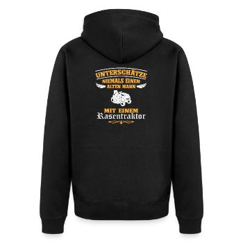 Unterschätze niemals Mann mit Rasentraktor - Unisex Premium Bio Zip Hoodie - Schwarz - Hinten - Nico (187cm)