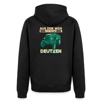 aus dem weg ich muss deutzen Traktor Deutz Köln - Unisex Premium Bio Zip Hoodie - Schwarz - Hinten - Nico (187cm)
