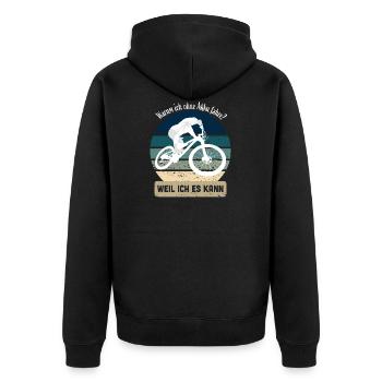 Warum ich ohne Akku fahre? Weil ich es kann ! - Unisex Premium Bio Zip Hoodie - Schwarz - Hinten - Nico (187cm)