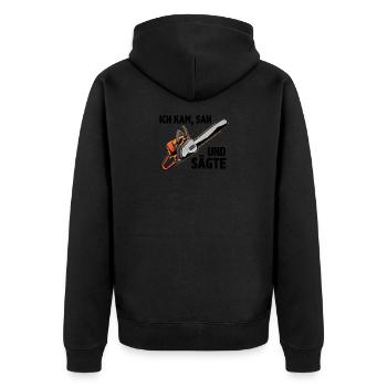 Holzfäller Ich Kam Sah und Sägte - Unisex Premium Bio Zip Hoodie - Schwarz - Hinten - Nico (187cm)