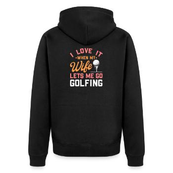 „I Love My Wife“ -Geschenk für einen Golfer - Unisex Premium Bio Zip Hoodie - Schwarz - Hinten - Nico (187cm)