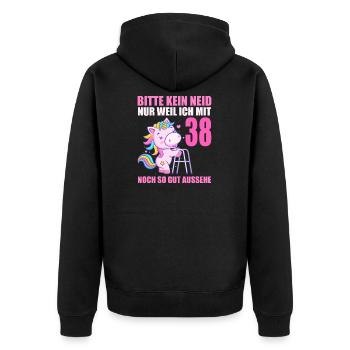 Bitte kein Neid 38 Jahre Einhorn 38. Geburtstag - Unisex Premium Bio Zip Hoodie - Schwarz - Hinten - Nico (187cm)