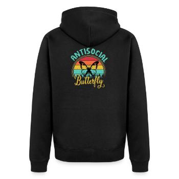 Antisoziale Schmetterling Retro Vintage Sonnenuntergang Design - Unisex Premium Bio Zip Hoodie - Schwarz - Hinten - Nico (187cm)