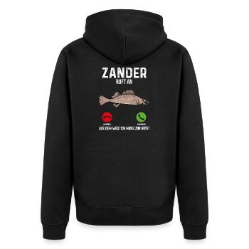 Zander Angeln - Unisex Premium Bio Zip Hoodie - Schwarz - Hinten - Nico (187cm)