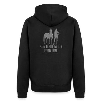 Pferde Motiv Spruch Mein Leben ist Ein Ponyhof - Unisex Premium Bio Zip Hoodie - Schwarz - Hinten - Nico (187cm)