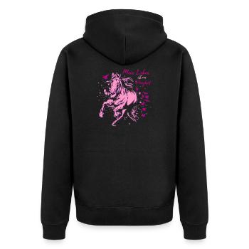 Mein Leben ist ein Ponyhof Pferde Motiv Mädchen - Unisex Premium Bio Zip Hoodie - Schwarz - Hinten - Nico (187cm)