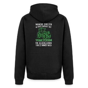 Manche spielten in ihrer Kindheit mit Traktoren - Unisex Premium Bio Zip Hoodie - Schwarz - Hinten - Nico (187cm)
