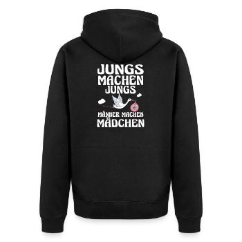 Jungs machen Jungs Männer machen Mädchen Storch - Unisex Premium Bio Zip Hoodie - Schwarz - Hinten - Nico (187cm)