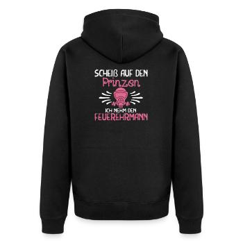 Scheiß auf den Prinzen Ich nehm den Feuerwehrmann - Unisex Premium Bio Zip Hoodie - Schwarz - Hinten - Nico (187cm)