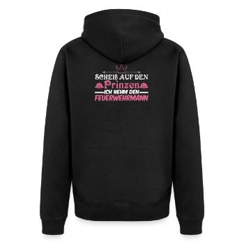 Scheiß auf den Prinzen Ich nehm den Feuerwehrmann - Unisex Premium Bio Zip Hoodie - Schwarz - Hinten - Nico (187cm)