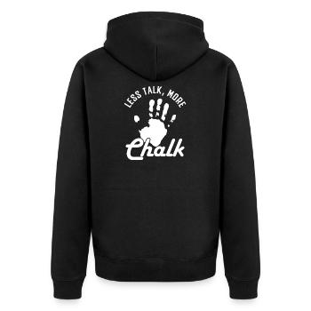Less Talk More Chalk Boulder Handabdruck Klettern - Unisex Premium Bio Zip Hoodie - Schwarz - Hinten - Nico (187cm)
