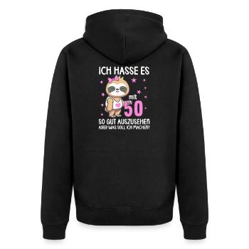 Ich hasse es mit 50 so gut auszusehen 50. Jahre - Unisex Premium Bio Zip Hoodie - Schwarz - Hinten - Nico (187cm)