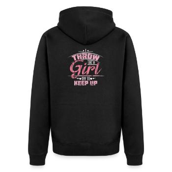 speerwurf girl - Unisex Premium Bio Zip Hoodie - Schwarz - Hinten - Nico (187cm)