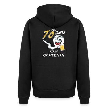 70 JAHRE SCHNELLSTE Spermie - Unisex Premium Bio Zip Hoodie - Schwarz - Hinten - Nico (187cm)