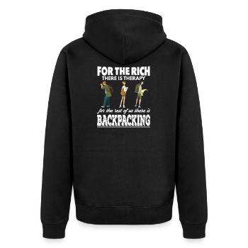Reiche haben Therapie Wir sind Backpacker - Unisex Premium Bio Zip Hoodie - Schwarz - Hinten - Nico (187cm)