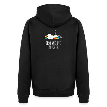 Erkenne die Zeichen Einhorn Mittelfinger - Unisex Premium Bio Zip Hoodie - Schwarz - Hinten - Nico (187cm)