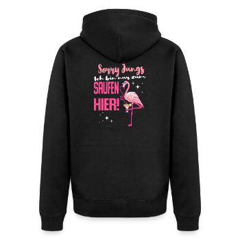 Ich bin nur zum saufen hier! Flamingo Party JGA - Unisex Premium Bio Zip Hoodie - Schwarz - Hinten - Nico (187cm)