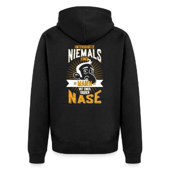 UNTERSCHÄTZE NIEMALS MANN NASE JOHANNES - Unisex Premium Bio Zip Hoodie - Schwarz - Hinten - Nico (187cm)
