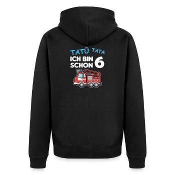 Ich bin schon 6 | 6. Geburtstag Feuerwehr Jungen - Unisex Premium Bio Zip Hoodie - Schwarz - Hinten - Nico (187cm)