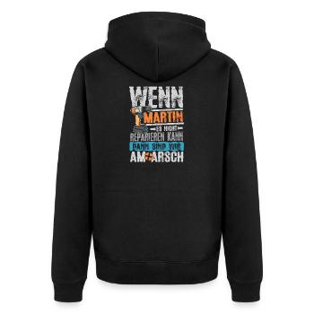 Wenn Martin es nicht reparieren kann ... - Unisex Premium Bio Zip Hoodie - Schwarz - Hinten - Nico (187cm)