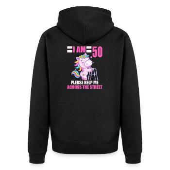 50 bitte helfen Sie mir über Straße 50. Geburtstag - Unisex Premium Bio Zip Hoodie - Schwarz - Hinten - Nico (187cm)