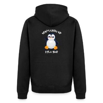 Pinguin Don't Grow Up - Unisex Premium Bio Zip Hoodie - Schwarz - Hinten - Nico (187cm)