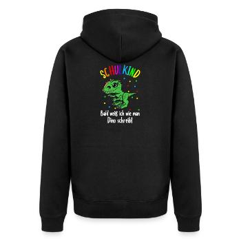 Schulkind Dino | Ich bin ein Schulkind - Unisex Premium Bio Zip Hoodie - Schwarz - Hinten - Nico (187cm)