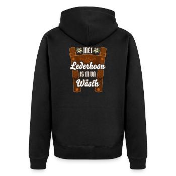 Mei Lederhosn is in da Wäsch Lederhosen Replacement - Unisex Premium Organic Zip Hoodie - black - Back - Nico (187cm)