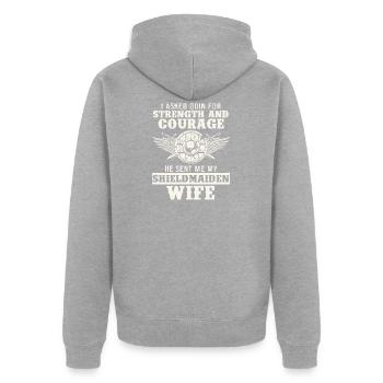 Ehefrau Schild Stärke Courage - Unisex Premium Bio Zip Hoodie - Grau meliert - Hinten - Nico (187cm)