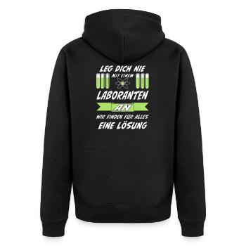 LEG DICH NIE MIT EINEM LABORANTEN AN - Unisex Premium Bio Zip Hoodie - Schwarz - Hinten - Nico (187cm)