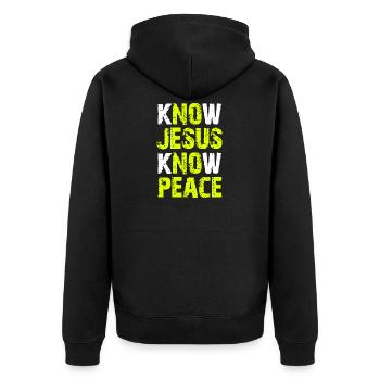 Jesus Christliche Bibel-Vers-Schrift Erkenne Jesus - Unisex Premium Bio Zip Hoodie - Schwarz - Hinten - Nico (187cm)