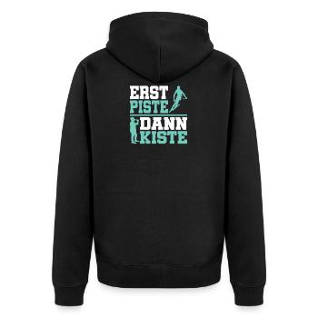 Erst Piste dann Kiste - Unisex Premium Bio Zip Hoodie - Schwarz - Hinten - Nico (187cm)