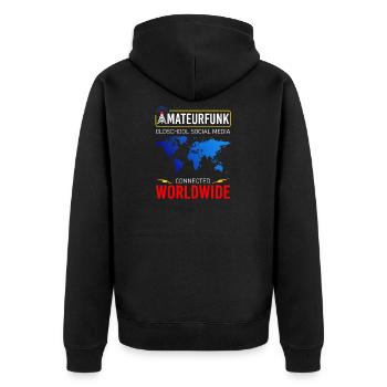 amateur radio, connected with friends worldwide - Unisex Premium Organic Zip Hoodie - black - Back - Nico (187cm)