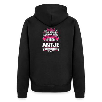 Antje Namensshirt mit lustigem Königin Spruch - Unisex Premium Bio Zip Hoodie - Schwarz - Hinten - Nico (187cm)