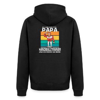 Cooles Vintage Handballtrainer Retro Papa Handball - Unisex Premium Bio Zip Hoodie - Schwarz - Hinten - Nico (187cm)