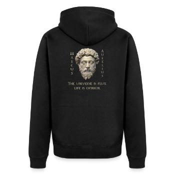Marcus Aurelius Quote - Universe Is Flux Wisdom - Unisex Premium Organic Zip Hoodie - black - Back - Nico (187cm)