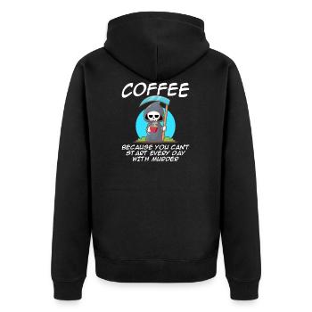 Kaffee weil man nicht jeden Tag mit Mord beginnen - Unisex Premium Bio Zip Hoodie - Schwarz - Hinten - Nico (187cm)