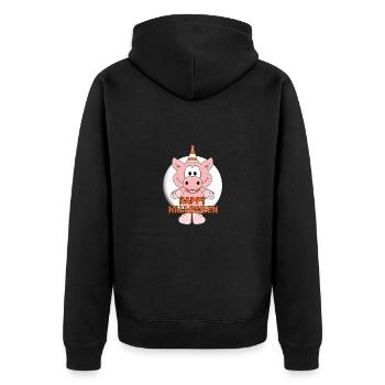 SCHWEIN - HAPPY HALLOWEEN - Unisex Premium Bio Zip Hoodie - Schwarz - Hinten - Nico (187cm)