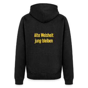 Alte Weisheit, jung bleiben – Lebensfroher Spruch - Unisex Premium Bio Zip Hoodie - Schwarz - Hinten - Nico (187cm)