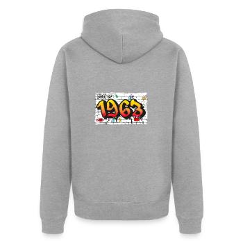 Graffiti rétro de 1963 – 62 ans d’Iconic Edge - Veste à capuche bio Premium Unisexe - gris chiné - Dos - Nico (187cm)