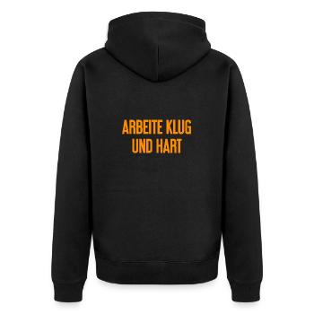 Arbeite Klug Und Hart – Erfolgs-Motto für Macher - Unisex Premium Bio Zip Hoodie - Schwarz - Hinten - Nico (187cm)