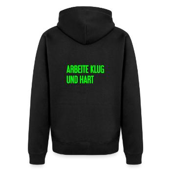 Arbeite Klug Und Hart – Erfolgs-Motto für Macher - Unisex Premium Bio Zip Hoodie - Schwarz - Hinten - Nico (187cm)