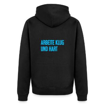 Arbeite Klug Und Hart – Erfolgs-Motto für Macher - Unisex Premium Bio Zip Hoodie - Schwarz - Hinten - Nico (187cm)