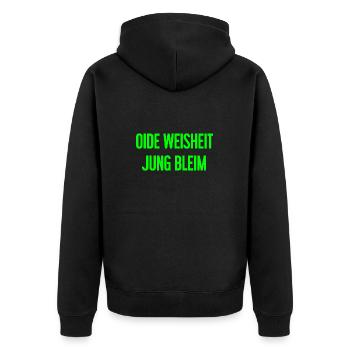 Oide Weisheit, jung bleim – dicton bavarois - Veste à capuche bio Premium Unisexe - noir - Dos - Nico (187cm)