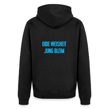 Oide Weisheit, jung bleim – dicton bavarois - Veste à capuche bio Premium Unisexe - noir - Dos - Nico (187cm)